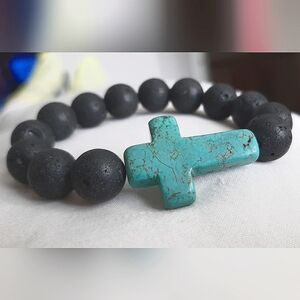 Lava Rock Bracelet w/Turquoise Cross